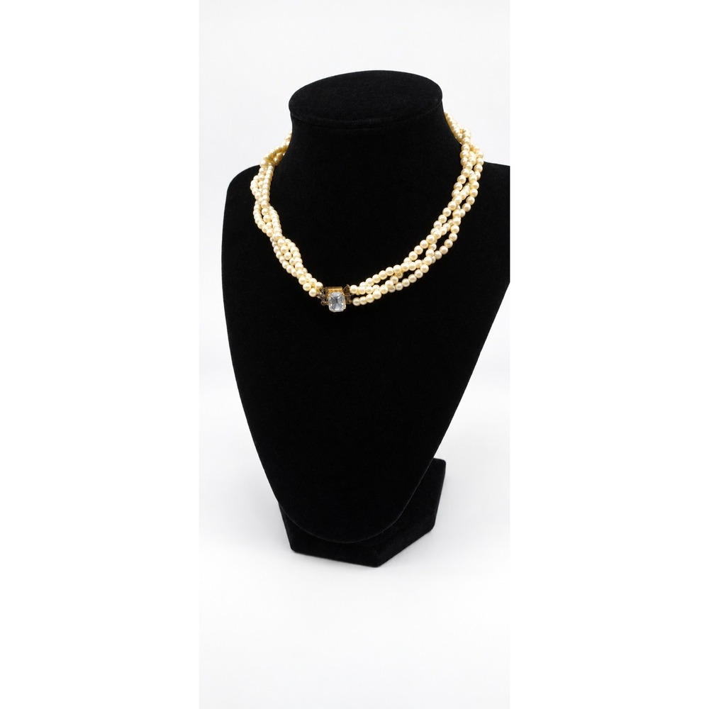 Vintage 3 Strand Faux Pearl Choker Necklace Emerald Cut Rhinestone Clasp Gold